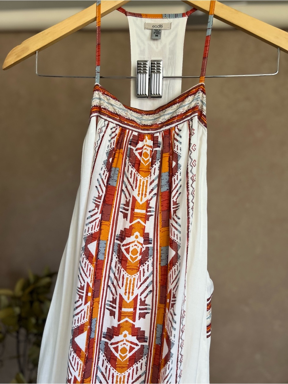 Boho White Mini Sun Dress with Orange and Turquoise Geometric Racerback Design - Picture 5 of 13